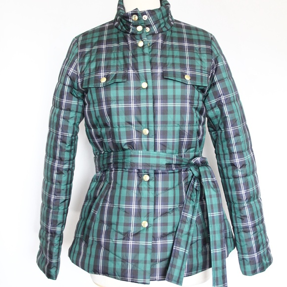 J Crew Plaid Jacket NEW Women Puffer Coat Small Tartan green blue - Picture 1 of 9